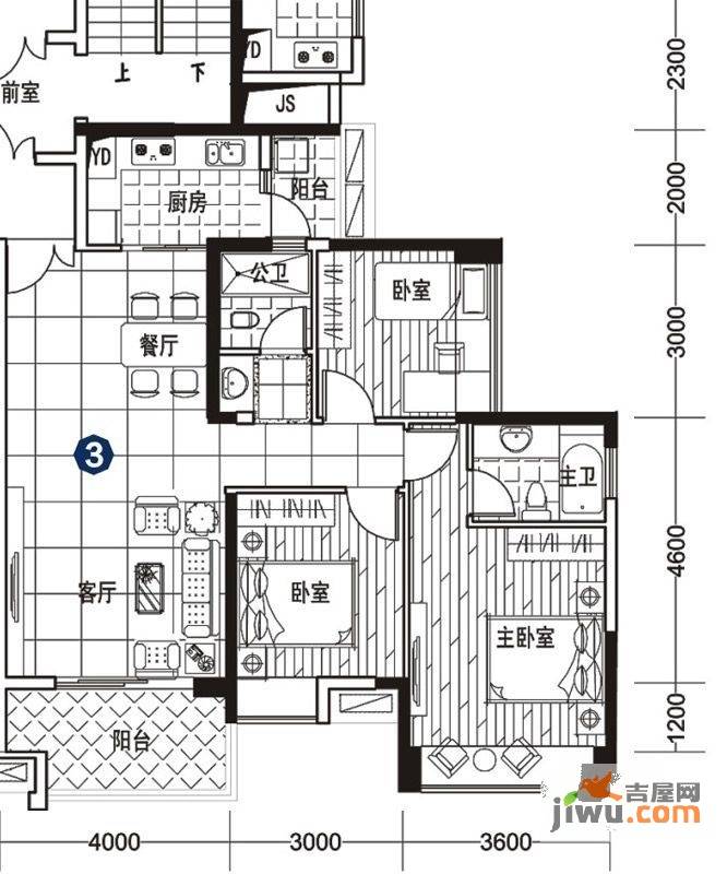 中天未来方舟中天未来方舟f1组团1栋2栋3号户型3室2厅1卫1厨户型图