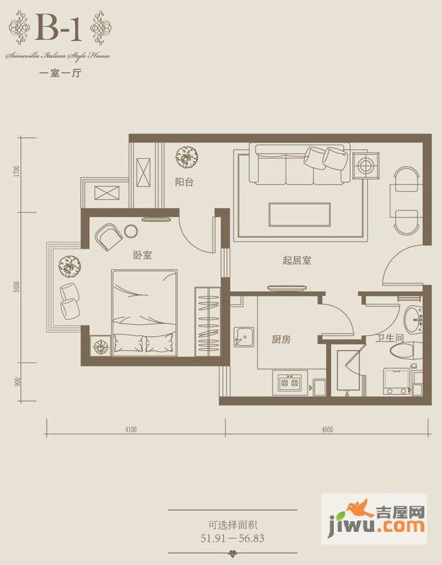 塞纳维拉永定华庭1室1厅1卫51.9㎡户型图