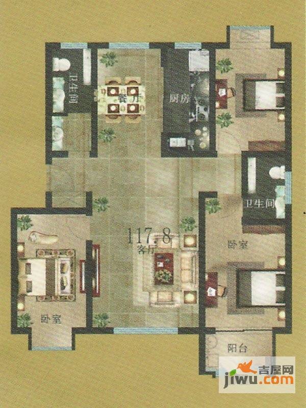 金江华城3室2厅1卫117.8㎡户型图