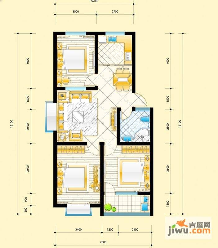 三友华锦苑3室1厅1卫91.4㎡户型图