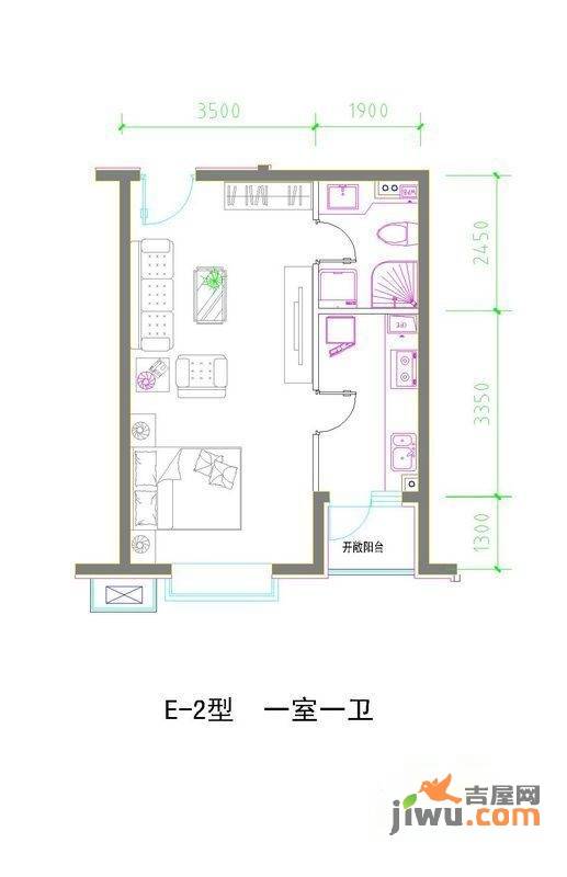 红海湾1室1厅1卫48.9㎡户型图