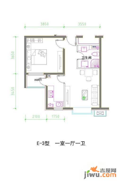 红海湾1室1厅1卫61.7㎡户型图