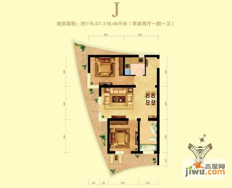 海天翼（海天印象）2室2厅1卫116㎡户型图