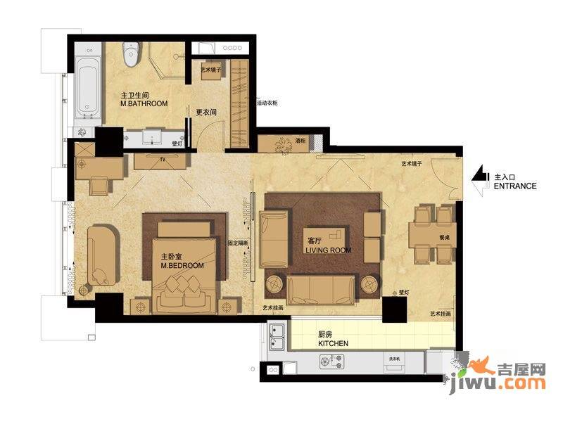 汇银铭尊一期汇银河滨一号1室2厅1卫95㎡户型图