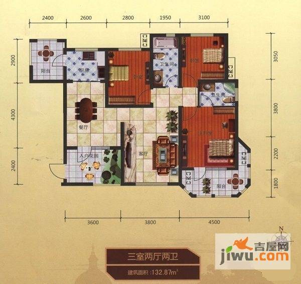 东方格兰维亚3室2厅2卫132.9㎡户型图