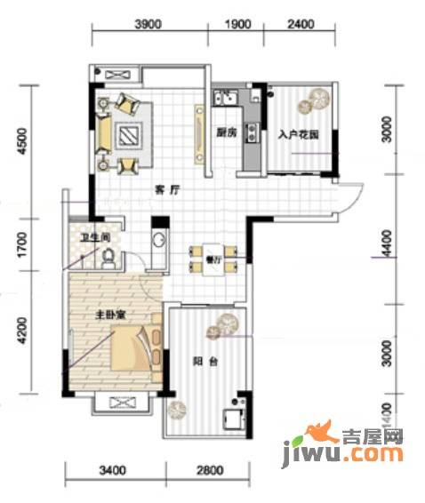 紫园1室2厅1卫85.8㎡户型图