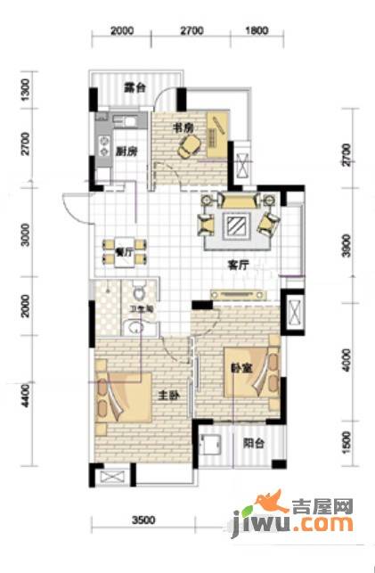 紫园3室2厅1卫87.4㎡户型图