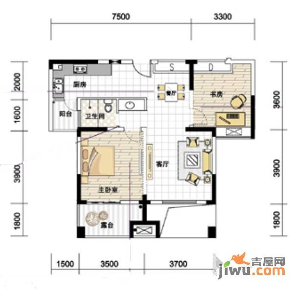 紫园2室2厅1卫79.8㎡户型图