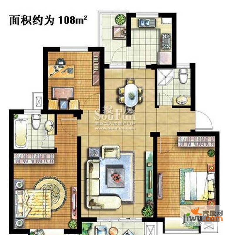 中楠·穆溪左岸 湖院3室2厅2卫108㎡户型图