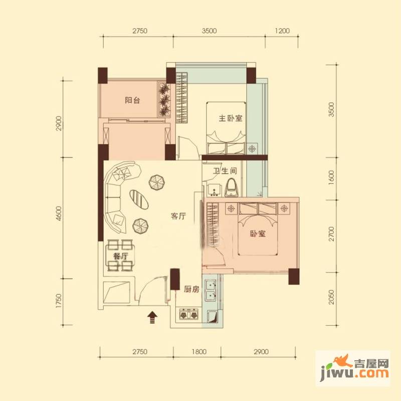 朝阳里雅苑2室2厅1卫58㎡户型图