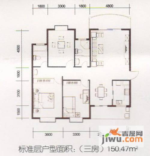 浔阳江畔3室2厅2卫139㎡户型图