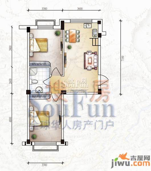 桃源山庄尊峪2室1厅1卫72.1㎡户型图