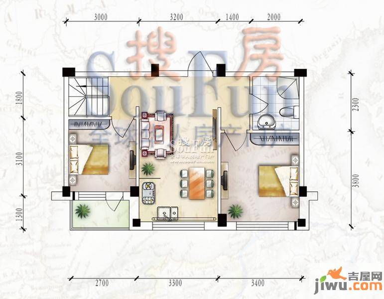 桃源山庄尊峪2室1厅1卫65.6㎡户型图