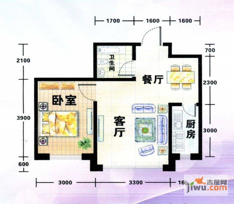 红光秀苑1室2厅1卫56.8㎡户型图