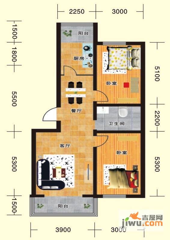 翔达馨港湾2室2厅1卫109.2㎡户型图