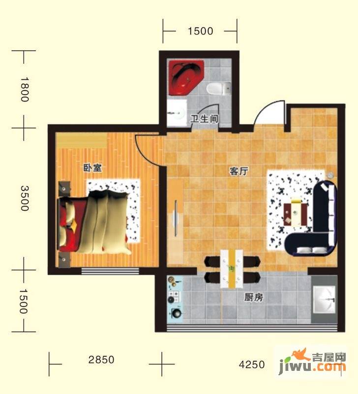 翔达馨港湾1室2厅1卫45.9㎡户型图