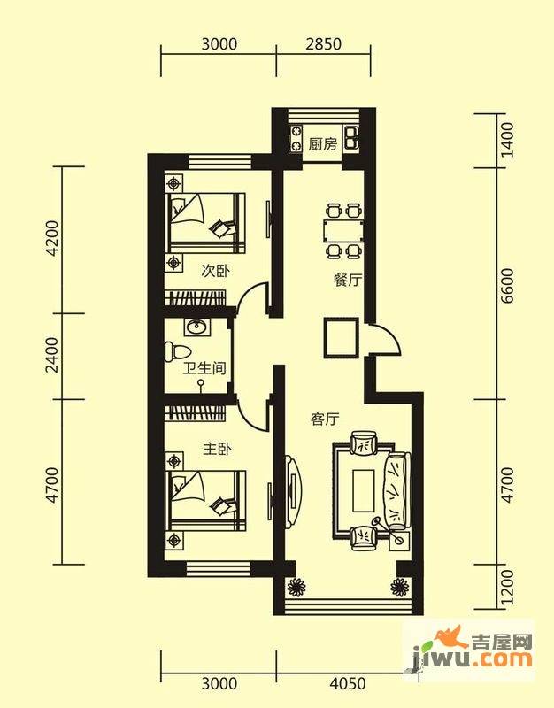 江岸龙苑2室2厅1卫96㎡户型图