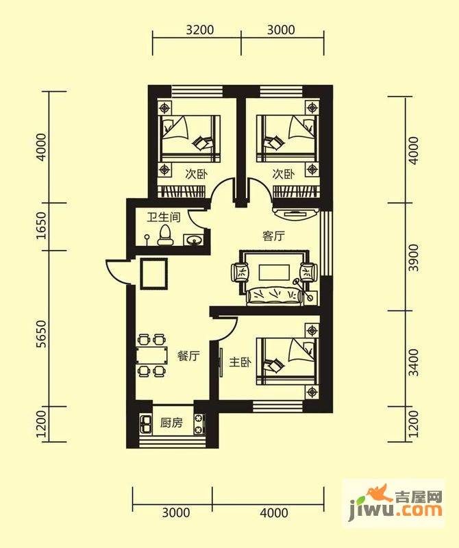 江岸龙苑3室2厅1卫94㎡户型图