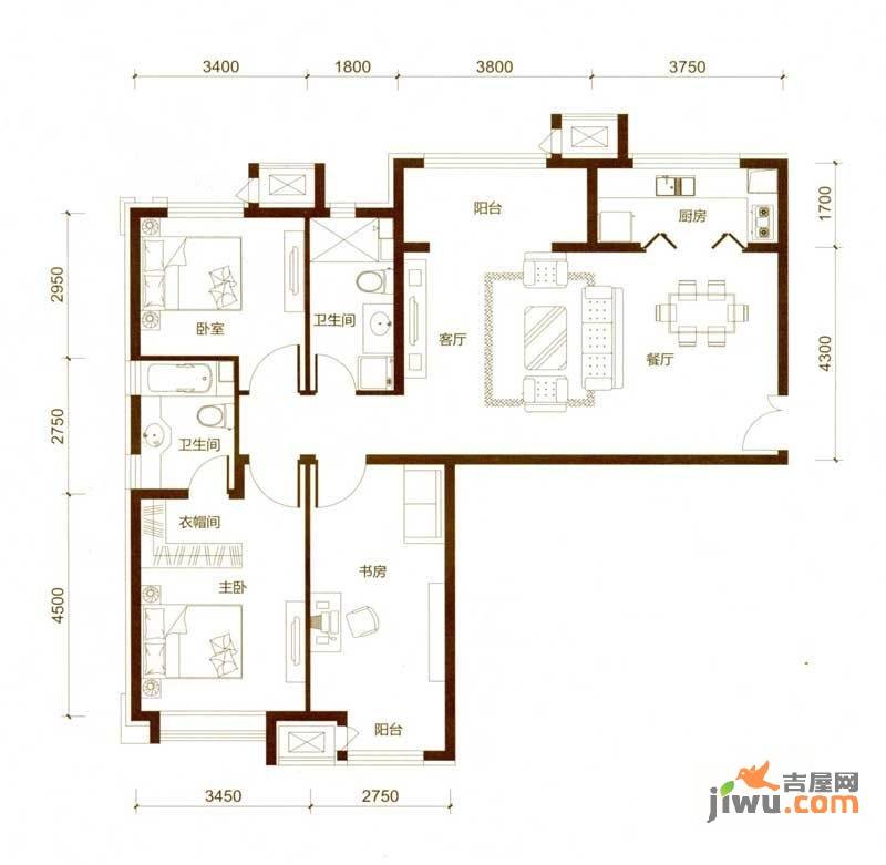 龙城帝景3室2厅2卫124.1㎡户型图