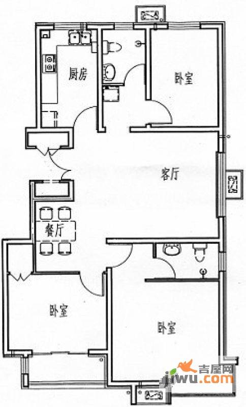 汇源名居3室2厅2卫118.3㎡户型图