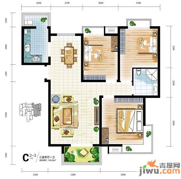 中宏新界3室2厅1卫108.8㎡户型图