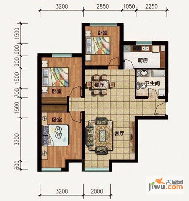 方正英郡二期3室2厅1卫93.2㎡户型图