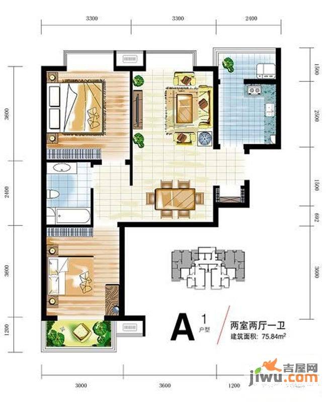 中宏新界2室2厅1卫75.8㎡户型图