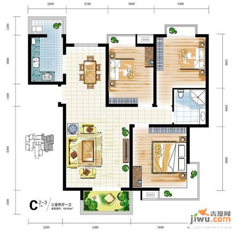 中宏新界3室2厅1卫108.8㎡户型图