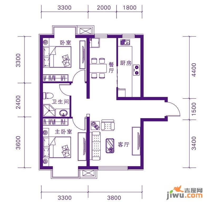 万和公馆2室2厅1卫85.6㎡户型图