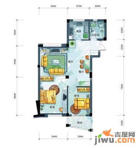 泊林漫谷2室2厅1卫90㎡户型图