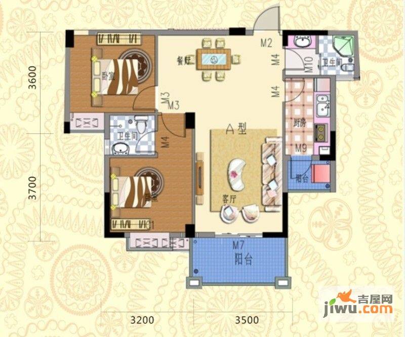 光谷翰林华府2室2厅2卫84.5㎡户型图