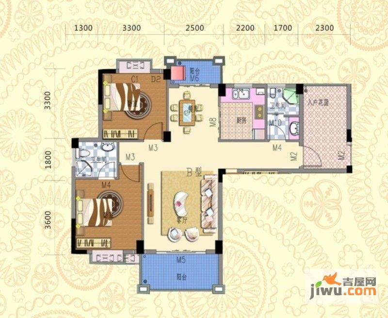 光谷翰林华府2室2厅2卫98.5㎡户型图