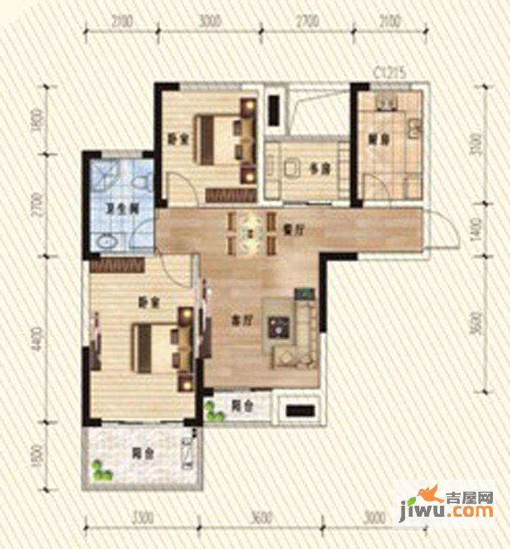 107公馆2室2厅1卫90㎡户型图