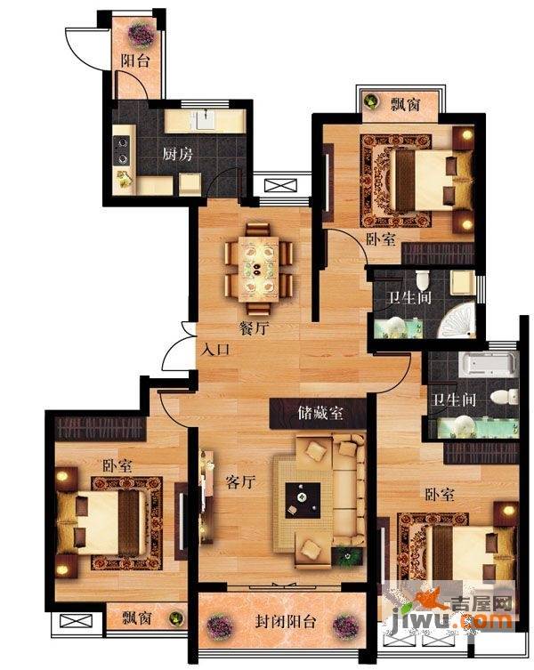 长江国际3室2厅2卫141㎡户型图