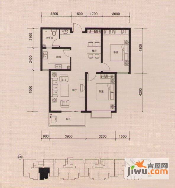 榕城世家2室2厅1卫96.1㎡户型图