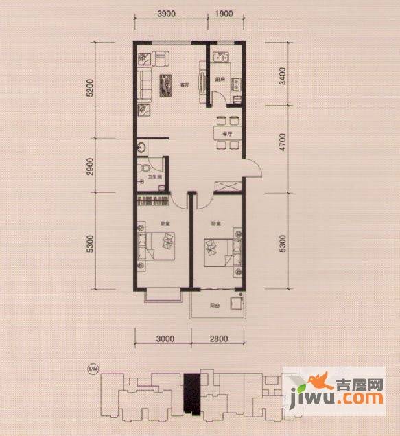 榕城世家2室2厅1卫98.7㎡户型图