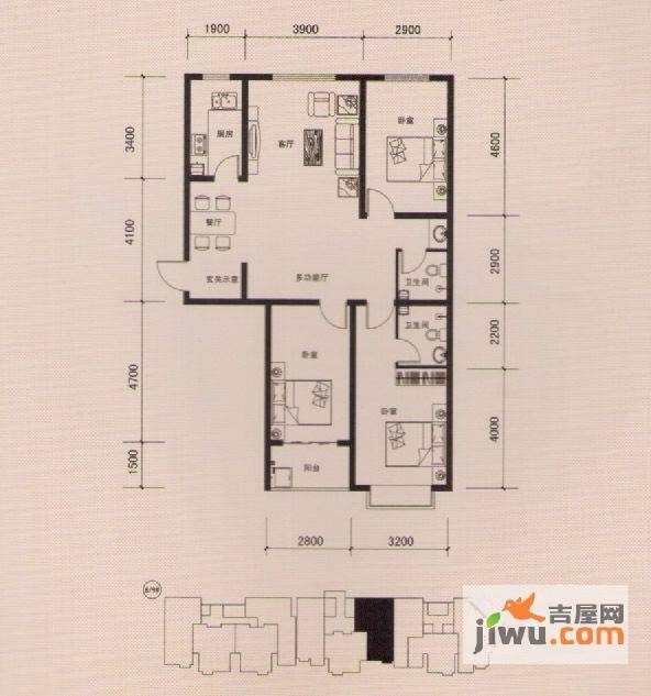 榕城世家3室2厅2卫124.8㎡户型图