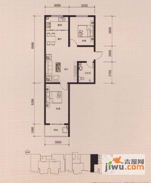 榕城世家2室2厅1卫87.3㎡户型图