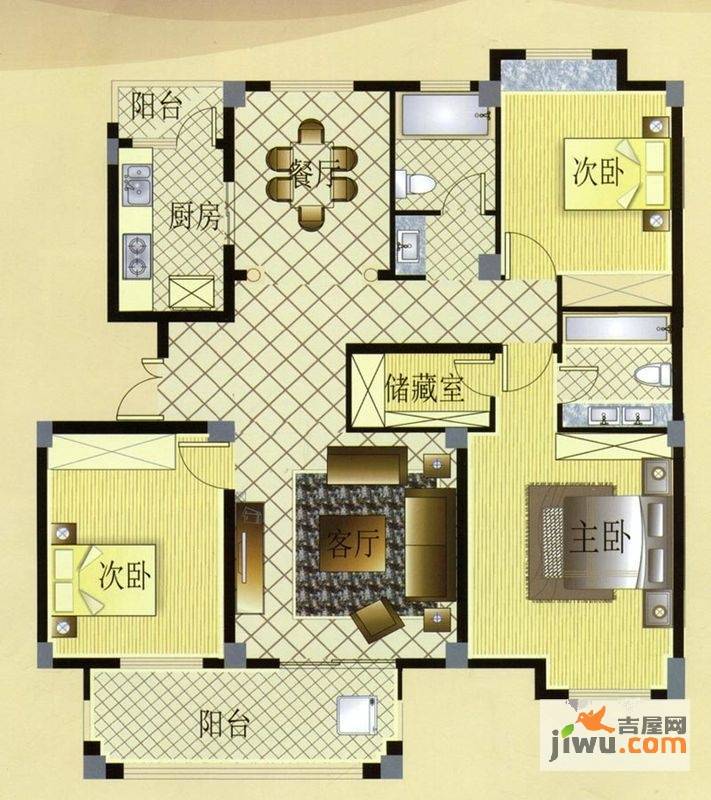 宏博锦园3室2厅2卫135.7㎡户型图