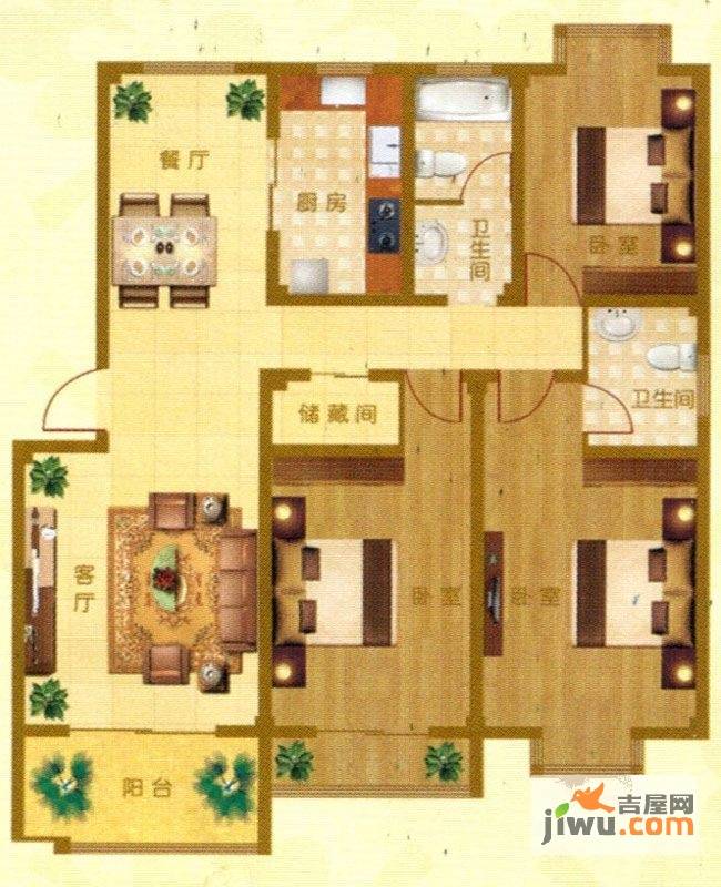 紫星城3室2厅2卫126㎡户型图