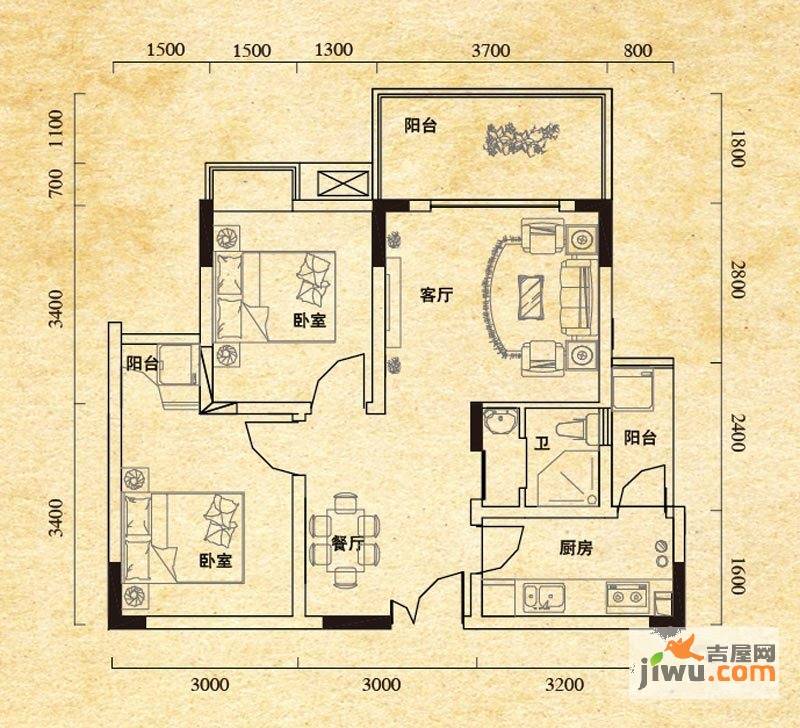 琥珀居2室2厅1卫57㎡户型图