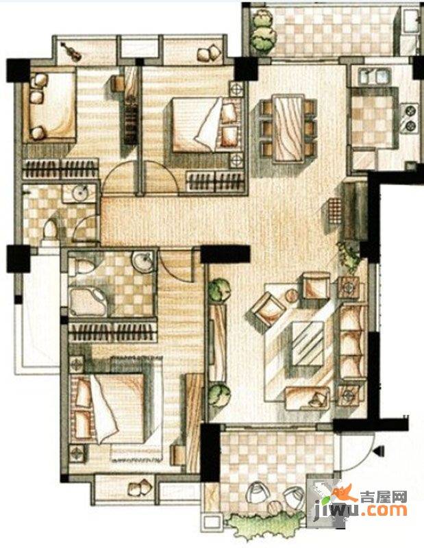 万嘉现代城2室2厅2卫90㎡户型图