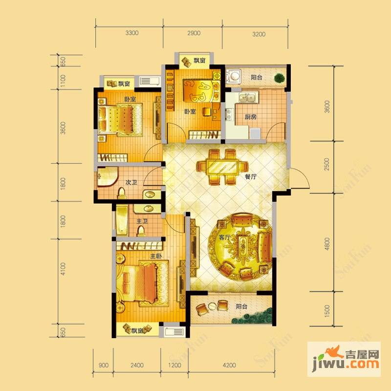 世纪华庭3室2厅2卫119㎡户型图