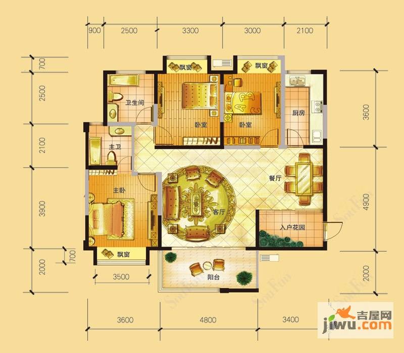 世纪华庭3室2厅2卫120.6㎡户型图