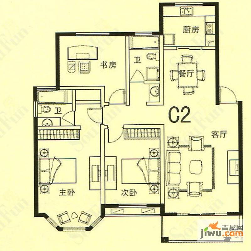 利华锦绣家园3室2厅2卫122.1㎡户型图