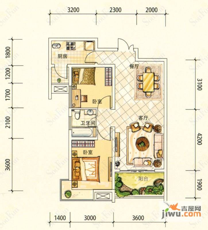 澳然天成2室2厅1卫78.6㎡户型图