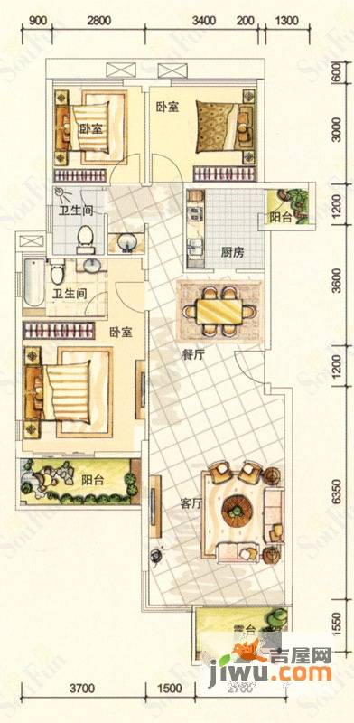 澳然天成3室2厅2卫107.5㎡户型图