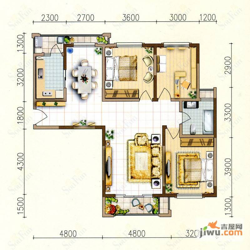 阳光半岛3室2厅1卫115㎡户型图