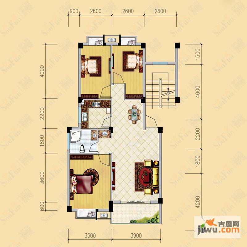 香江比华利山庄3室2厅1卫88.4㎡户型图