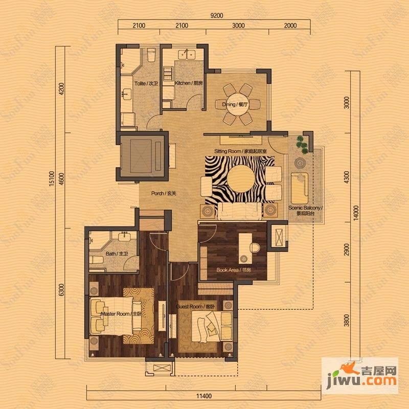 国都楚江府第3室2厅2卫139㎡户型图